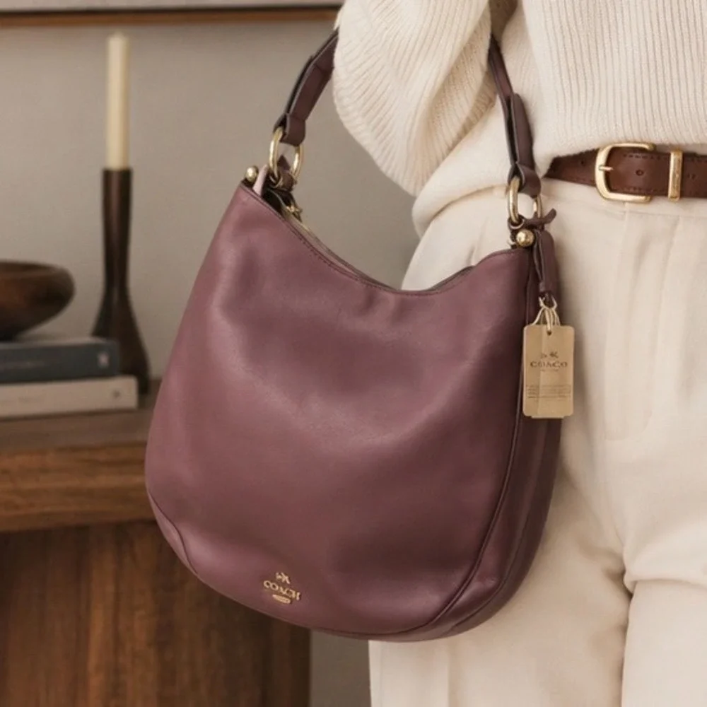 Coach Nomad Hobo Eggplant Glovetanned Leather Gold Hardware Minimalist OS NEW